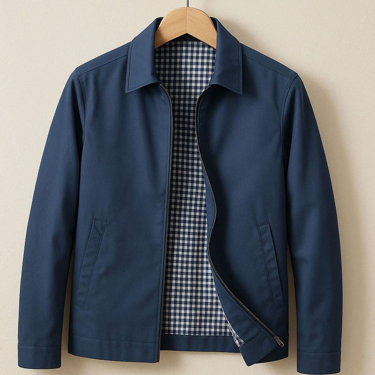 Męska kurtka Harrington smart casual, z podszewką w kratę, zapinana z przodu na zamek