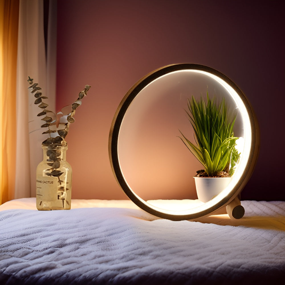 Minimalistyczna okrągła aluminiowa lampa stołowa z dotykowym sterowaniem i funkcją ściemniania