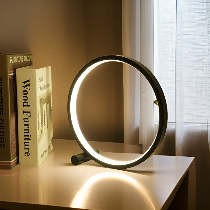 Minimalistyczna okrągła aluminiowa lampa stołowa z dotykowym sterowaniem i funkcją ściemniania