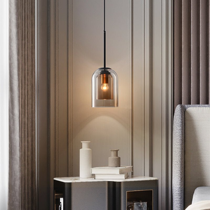 Żelazna lampa wisząca z podwójnym szklanym kloszem w stylu mid-century