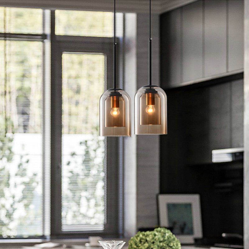 Żelazna lampa wisząca z podwójnym szklanym kloszem w stylu mid-century
