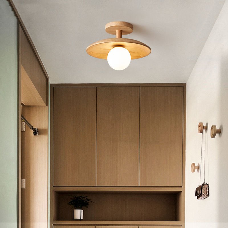 Minimalistyczna sufitowa lampa z drewna, żelaza i akrylu inspirowana stylem japońskim