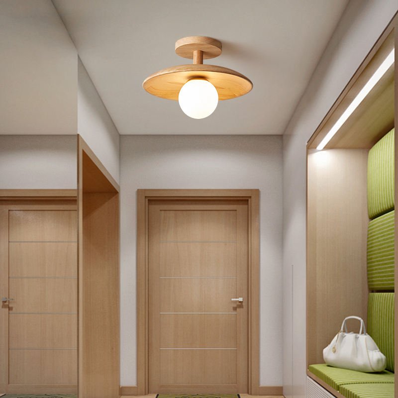 Minimalistyczna sufitowa lampa z drewna, żelaza i akrylu inspirowana stylem japońskim