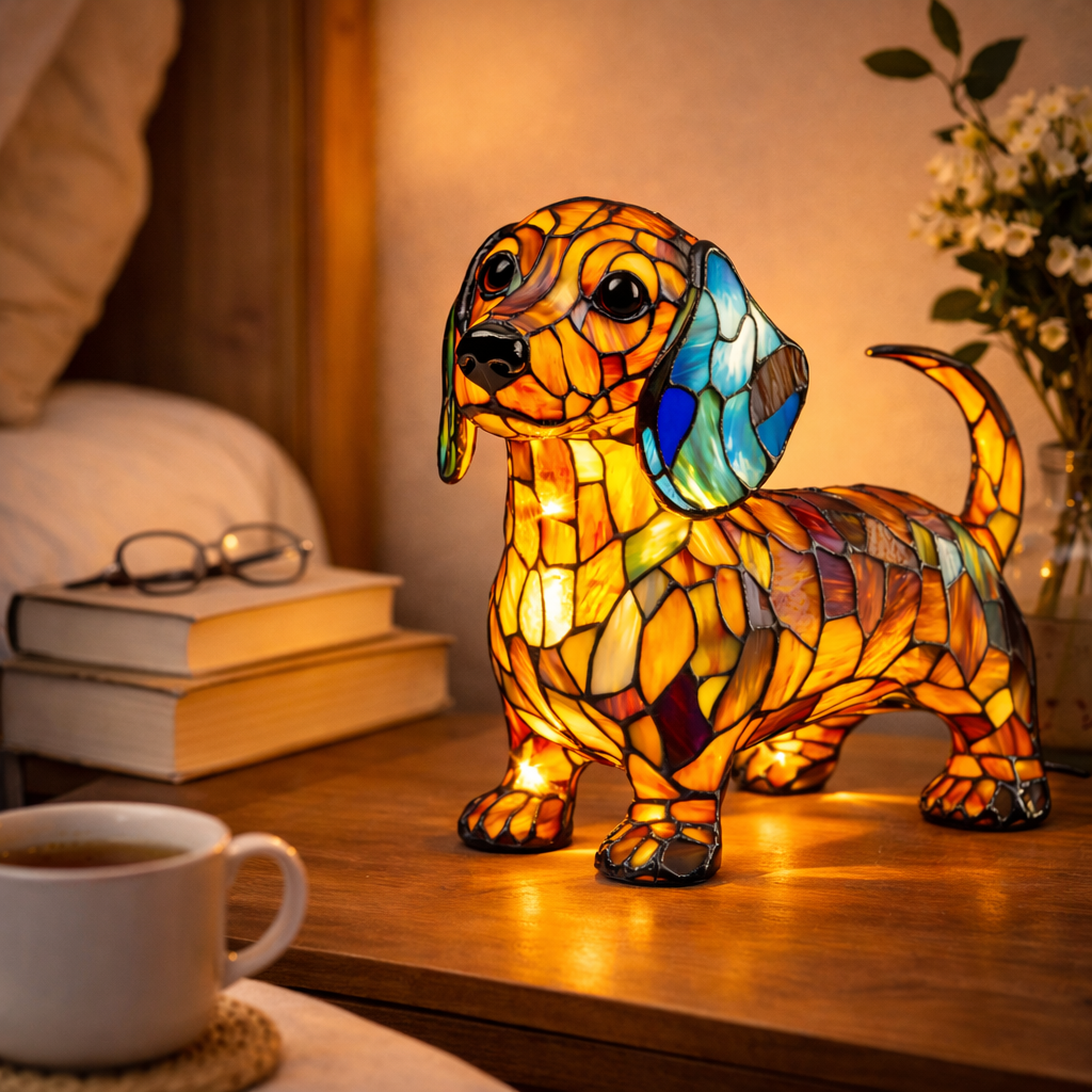 Lampa stołowa z mozaikowym wzorem psa w stylu witrażu
