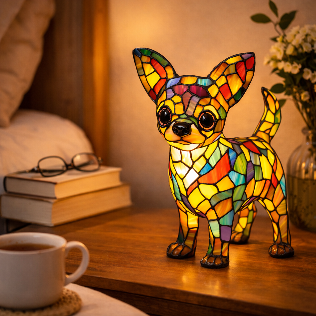 Lampa stołowa z mozaikowym wzorem psa w stylu witrażu
