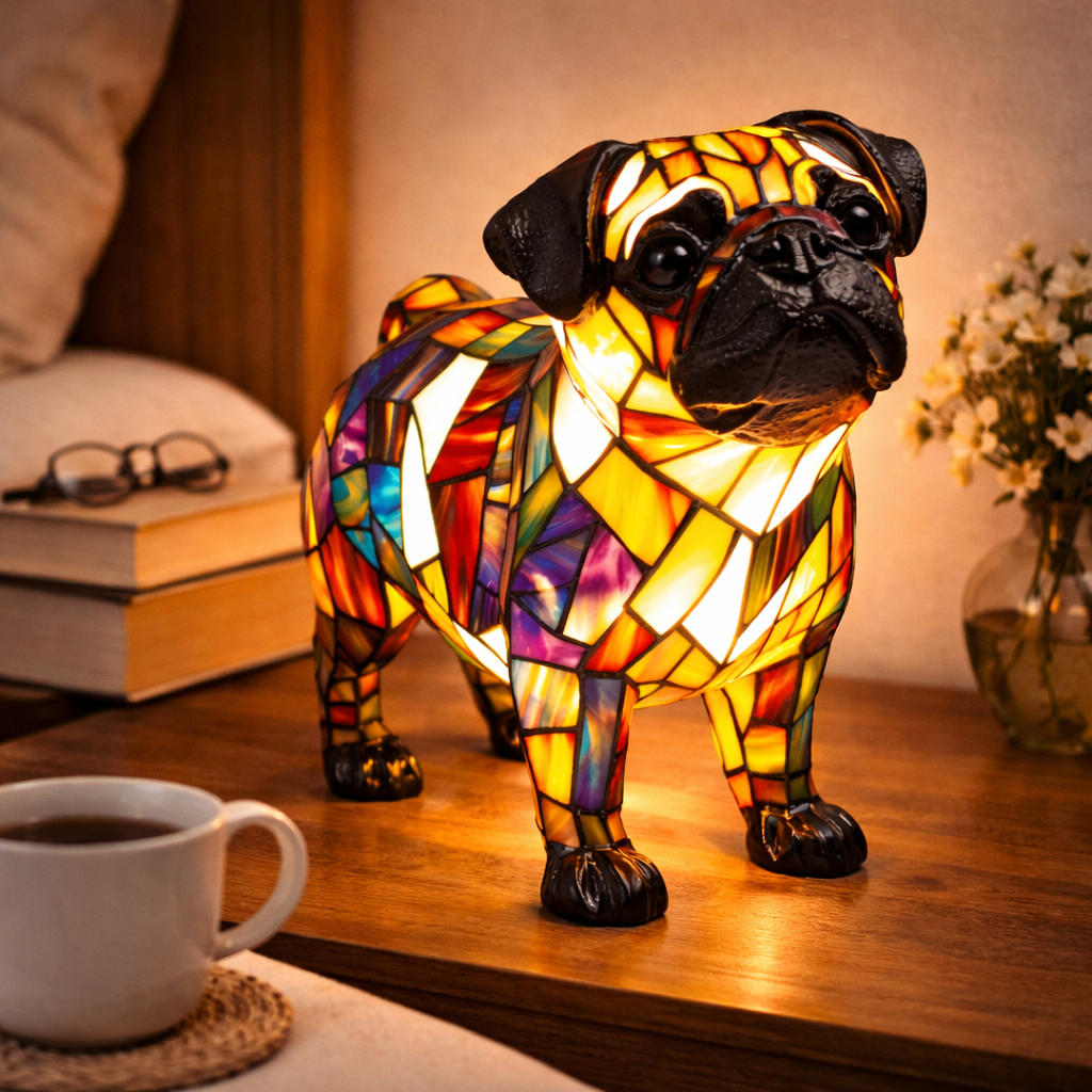 Lampa stołowa z mozaikowym wzorem psa w stylu witrażu