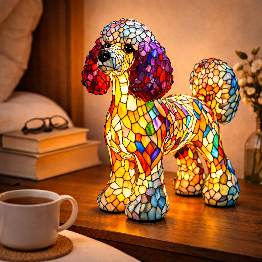 Lampa stołowa z mozaikowym wzorem psa w stylu witrażu