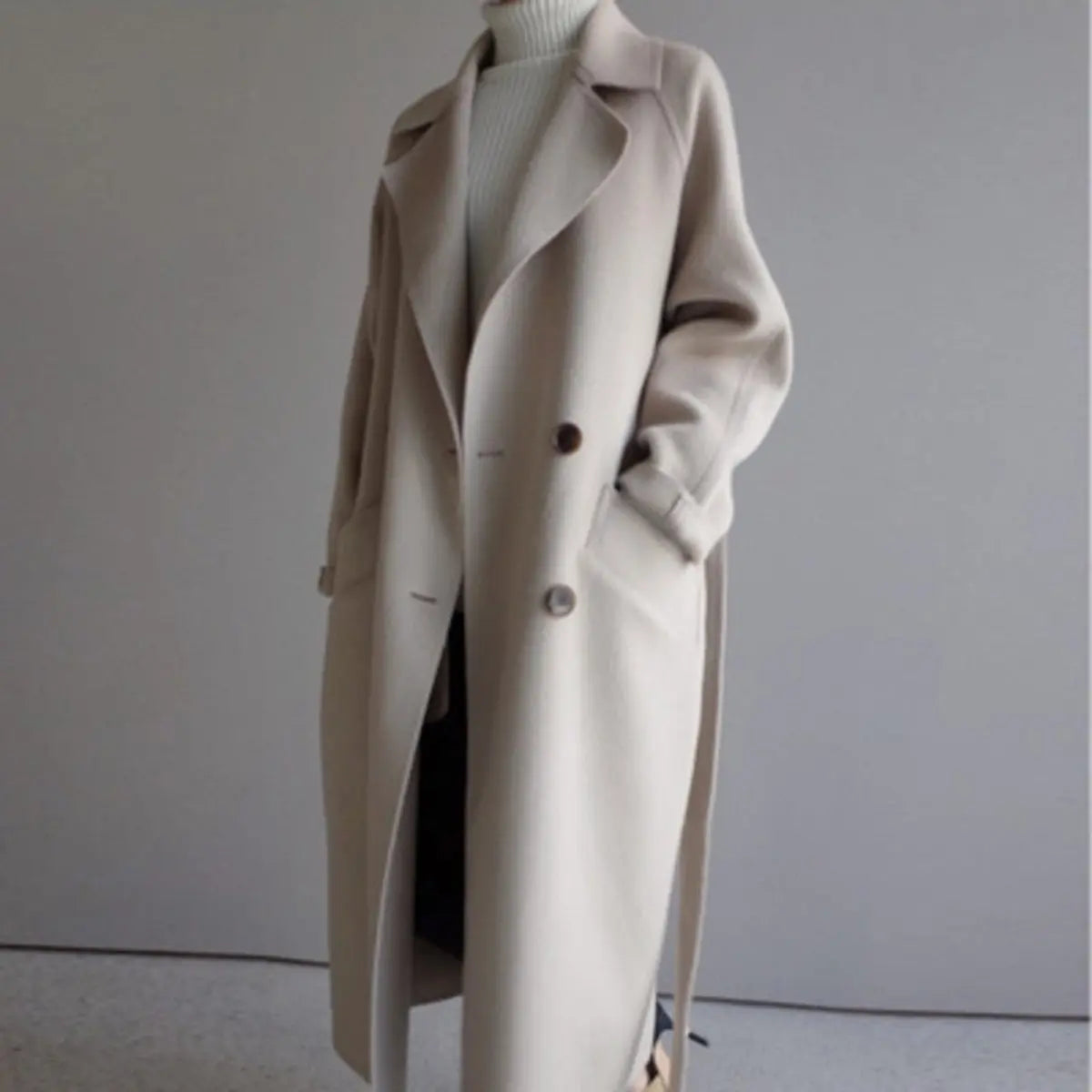Damski długi dwurzędowy płaszcz kaszmirowy