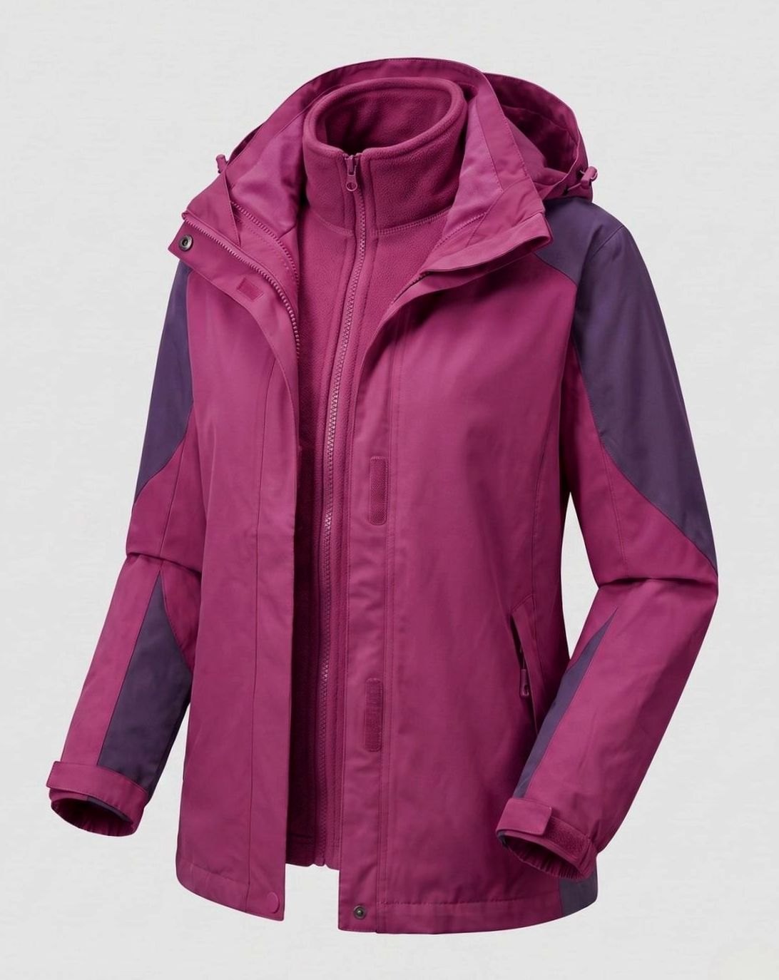 Damska różowa kurtka outdoorowa 2 w 1 z kapturem, z miękkiego materiału softshell i polaru