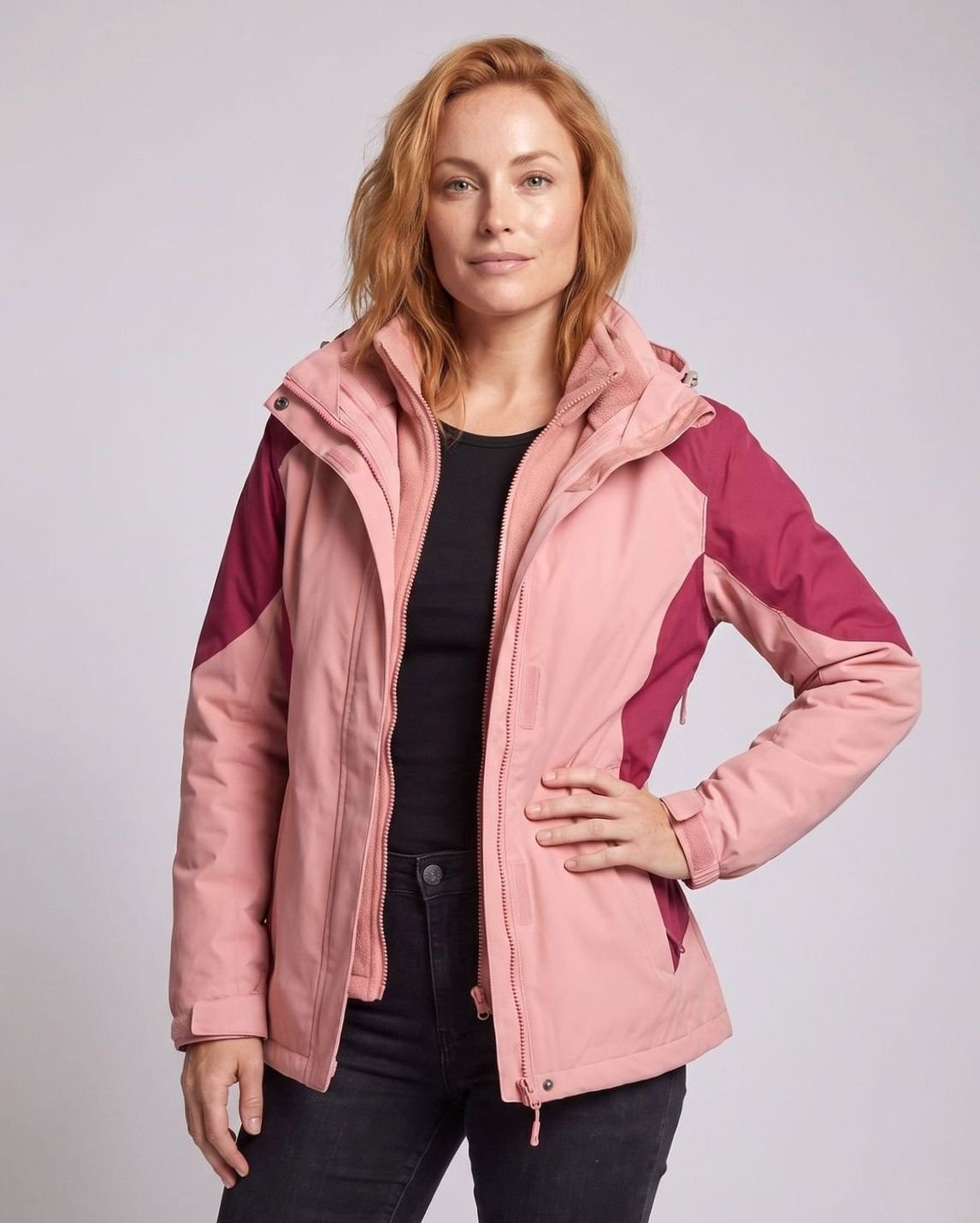 Damska różowa kurtka outdoorowa 2 w 1 z kapturem, z miękkiego materiału softshell i polaru