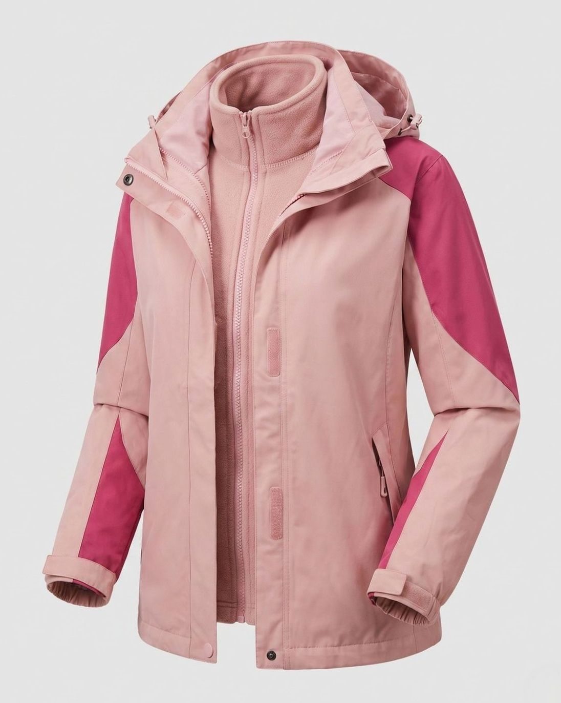 Damska różowa kurtka outdoorowa 2 w 1 z kapturem, z miękkiego materiału softshell i polaru