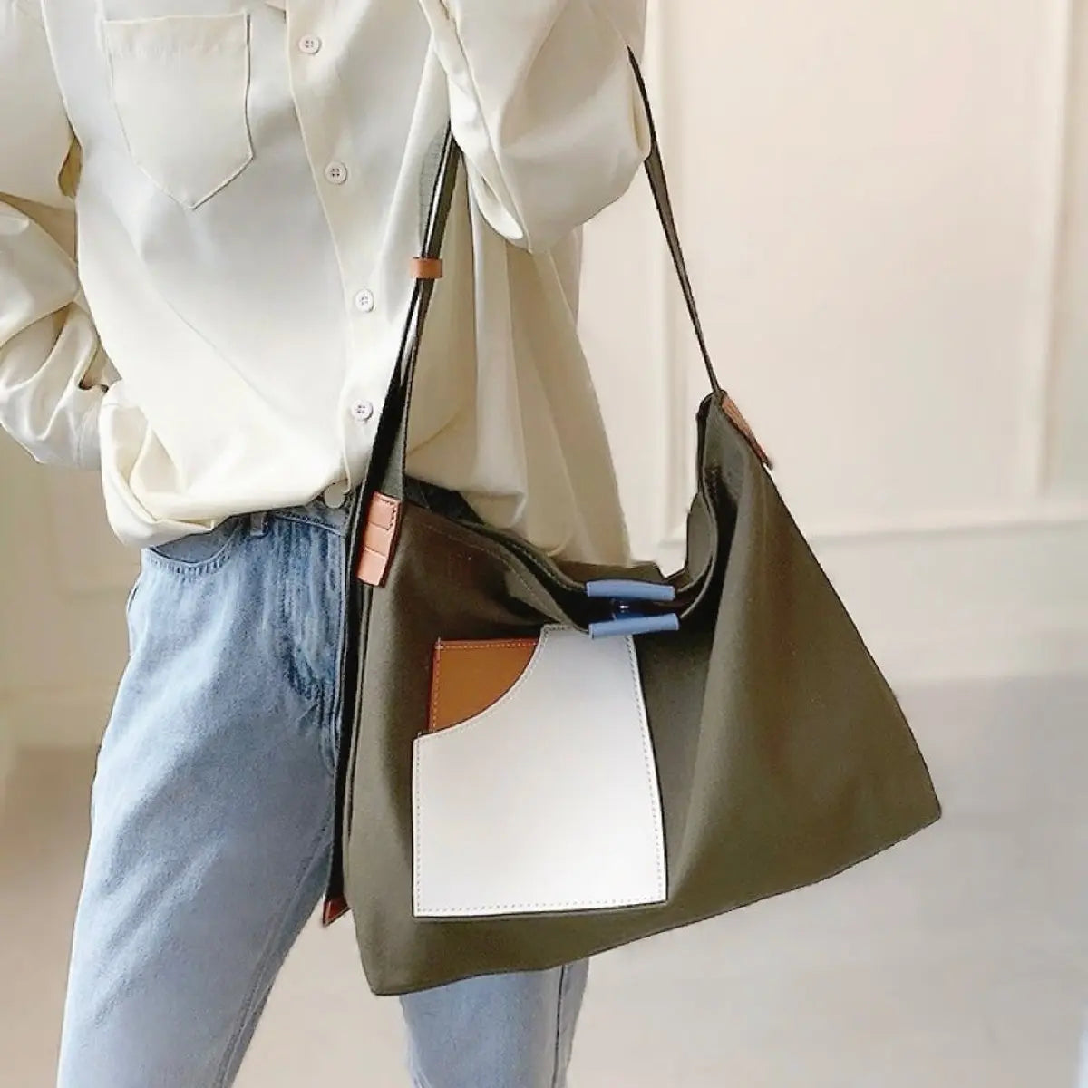 Damska płócienna torba shopper z kieszenią ze skóry PU, torba na ramię