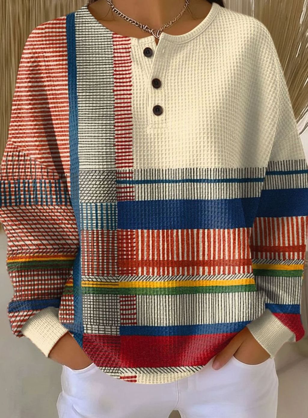 Damski sweter Henley z dzianiny waflowej w kontrastowych kolorach