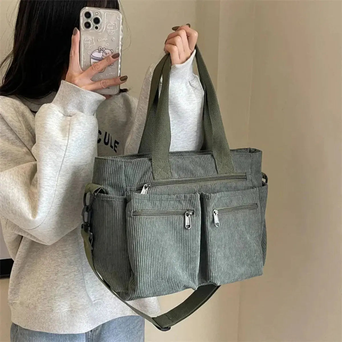 Damska sztruksowa torba shopper z wieloma kieszeniami na ramię