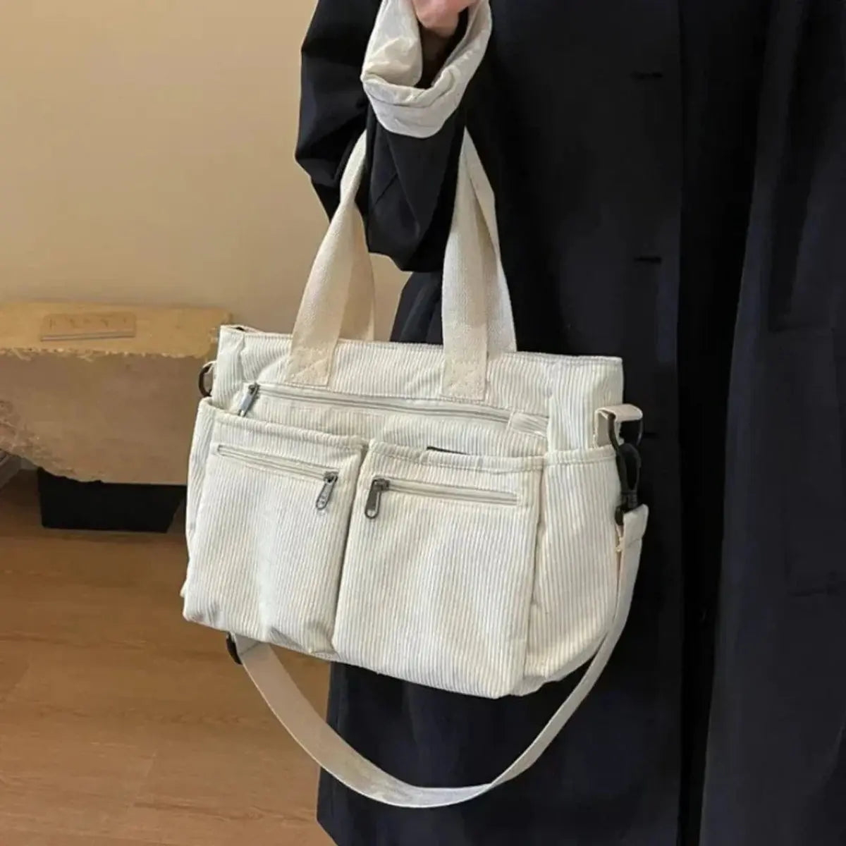 Damska sztruksowa torba shopper z wieloma kieszeniami na ramię