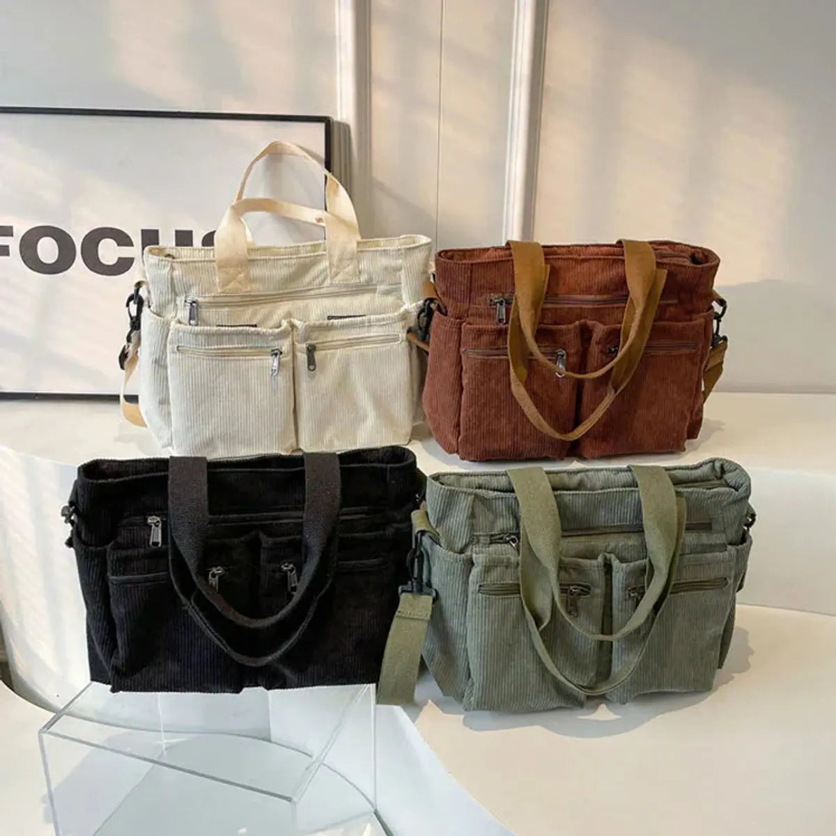 Damska sztruksowa torba shopper z wieloma kieszeniami na ramię