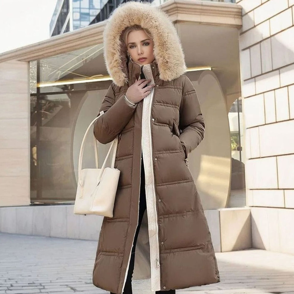 Damska designerska długa puchowa parka zimowa z futrzanym kapturem