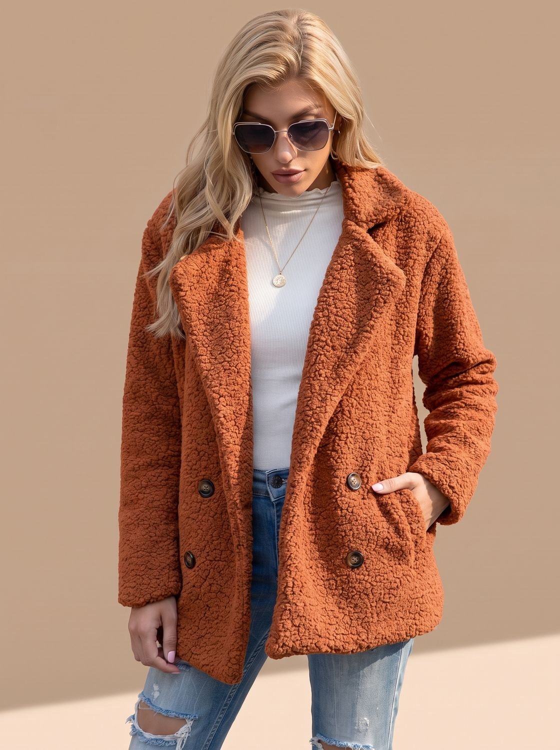 Sienna | Damski dwurzędowy płaszcz teddy ze sztucznego futra z klapami z wyłogami