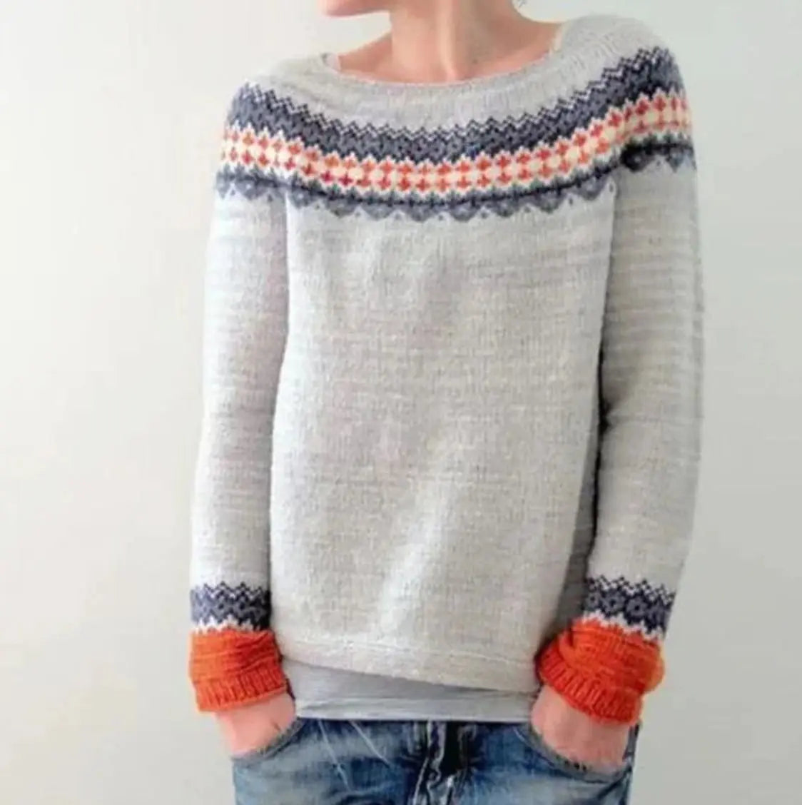 Damski dzianinowy sweter w stylu Fair Isle, z okrągłym dekoltem i długimi rękawami