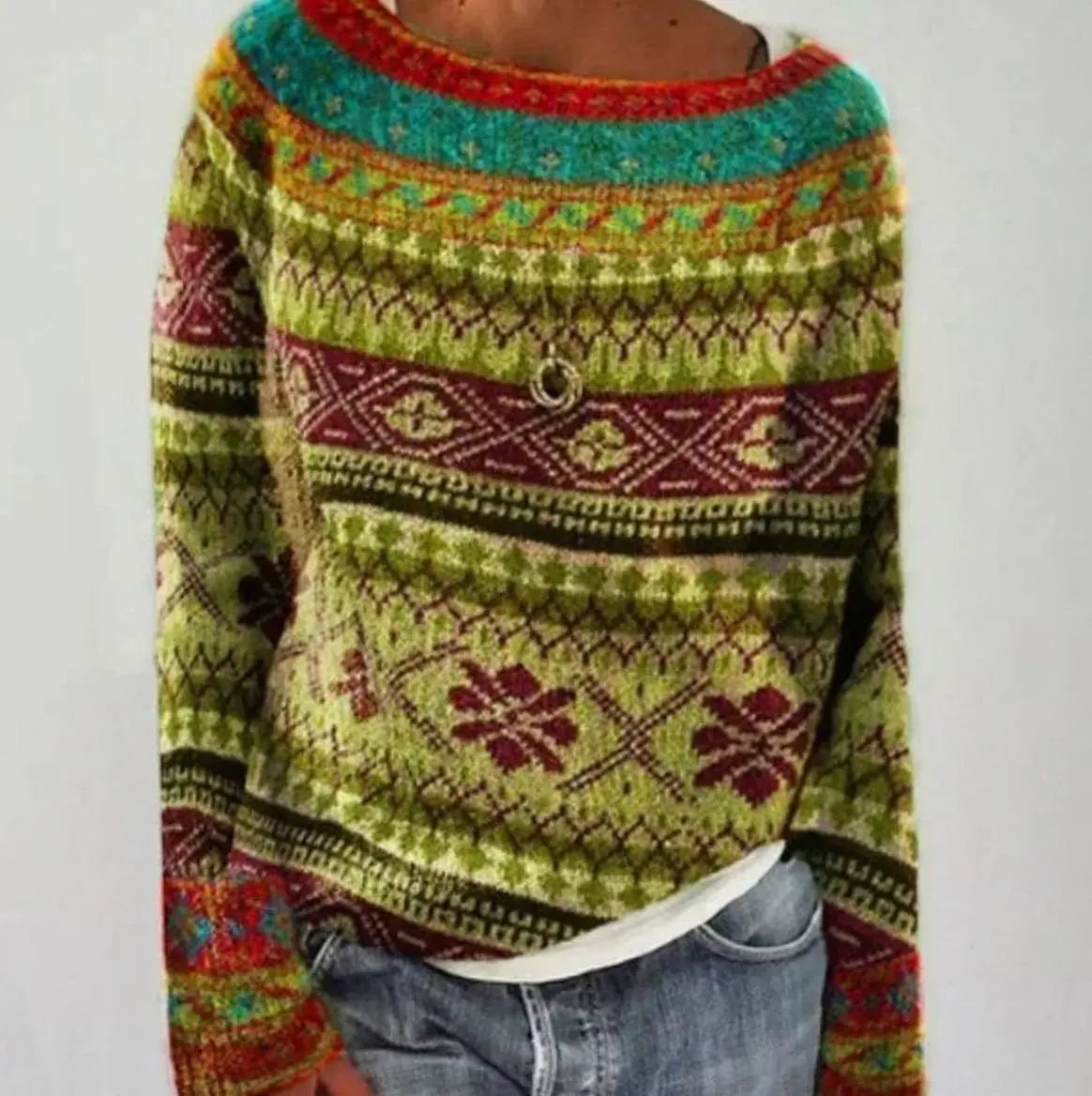 Damski dzianinowy sweter w stylu Fair Isle, z okrągłym dekoltem i długimi rękawami