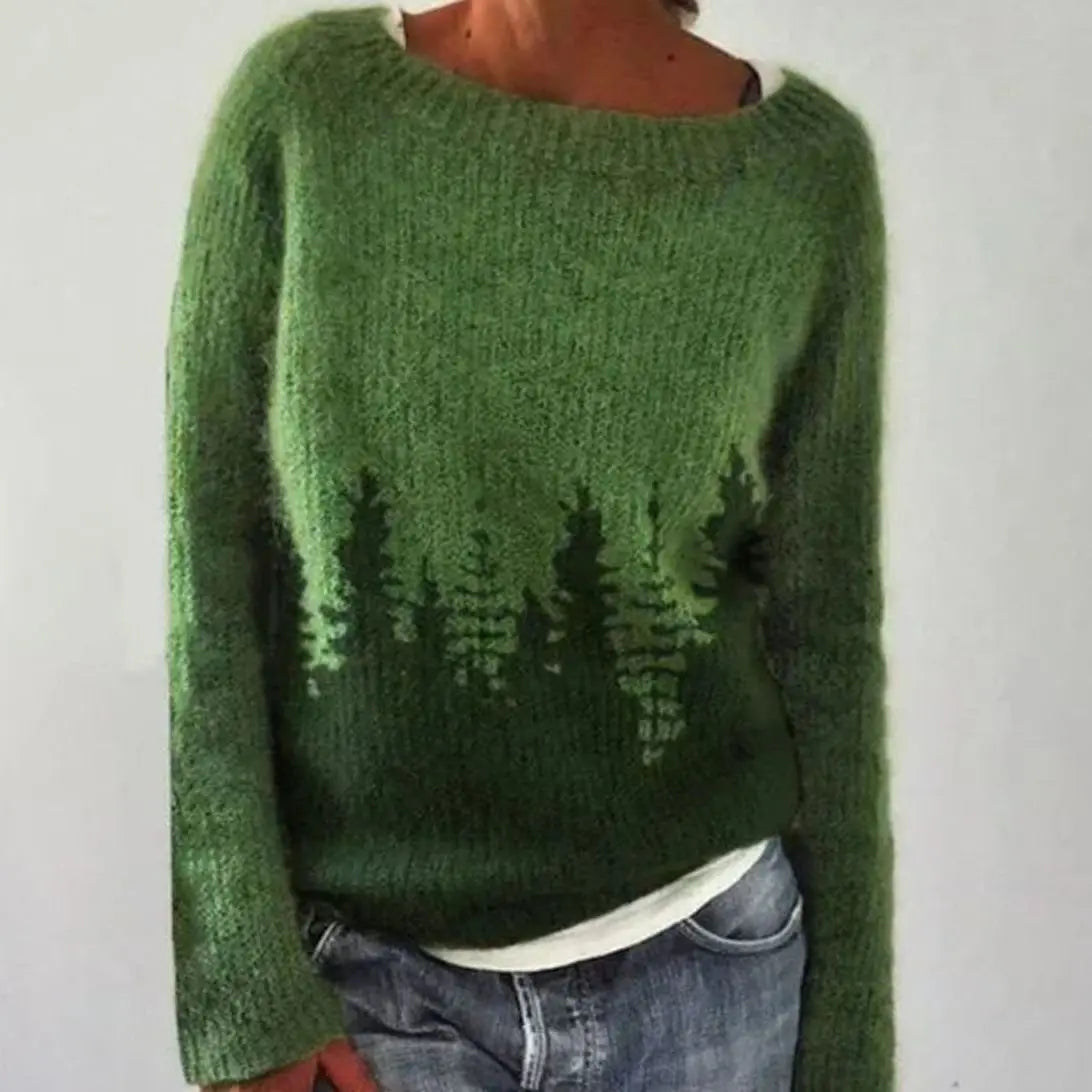 Damski dzianinowy sweter w stylu Fair Isle, z okrągłym dekoltem i długimi rękawami