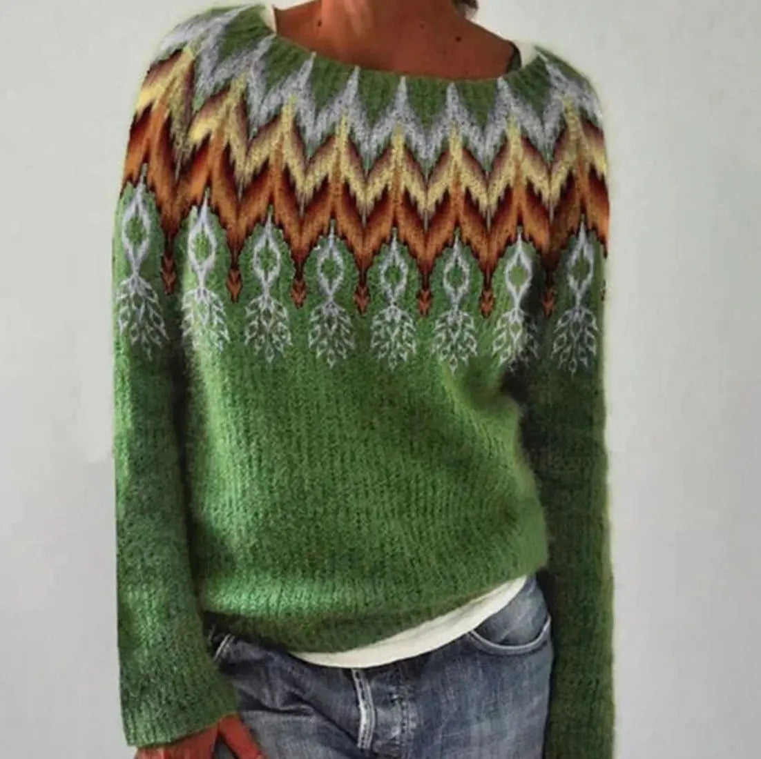 Damski dzianinowy sweter w stylu Fair Isle, z okrągłym dekoltem i długimi rękawami