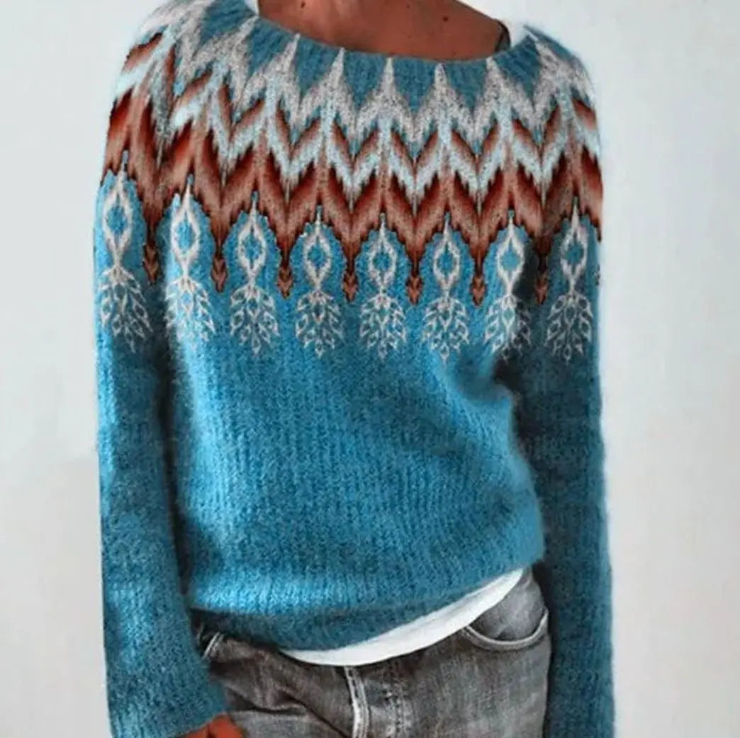 Damski dzianinowy sweter w stylu Fair Isle, z okrągłym dekoltem i długimi rękawami