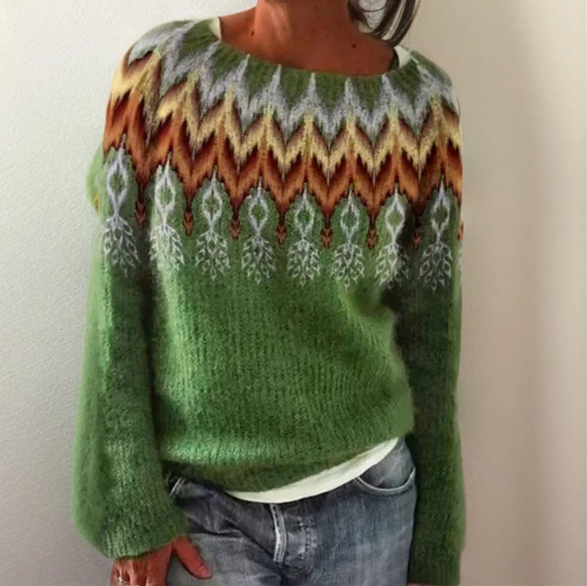 Damski dzianinowy sweter w geometryczny wzór Fair Isle, z okrągłym dekoltem