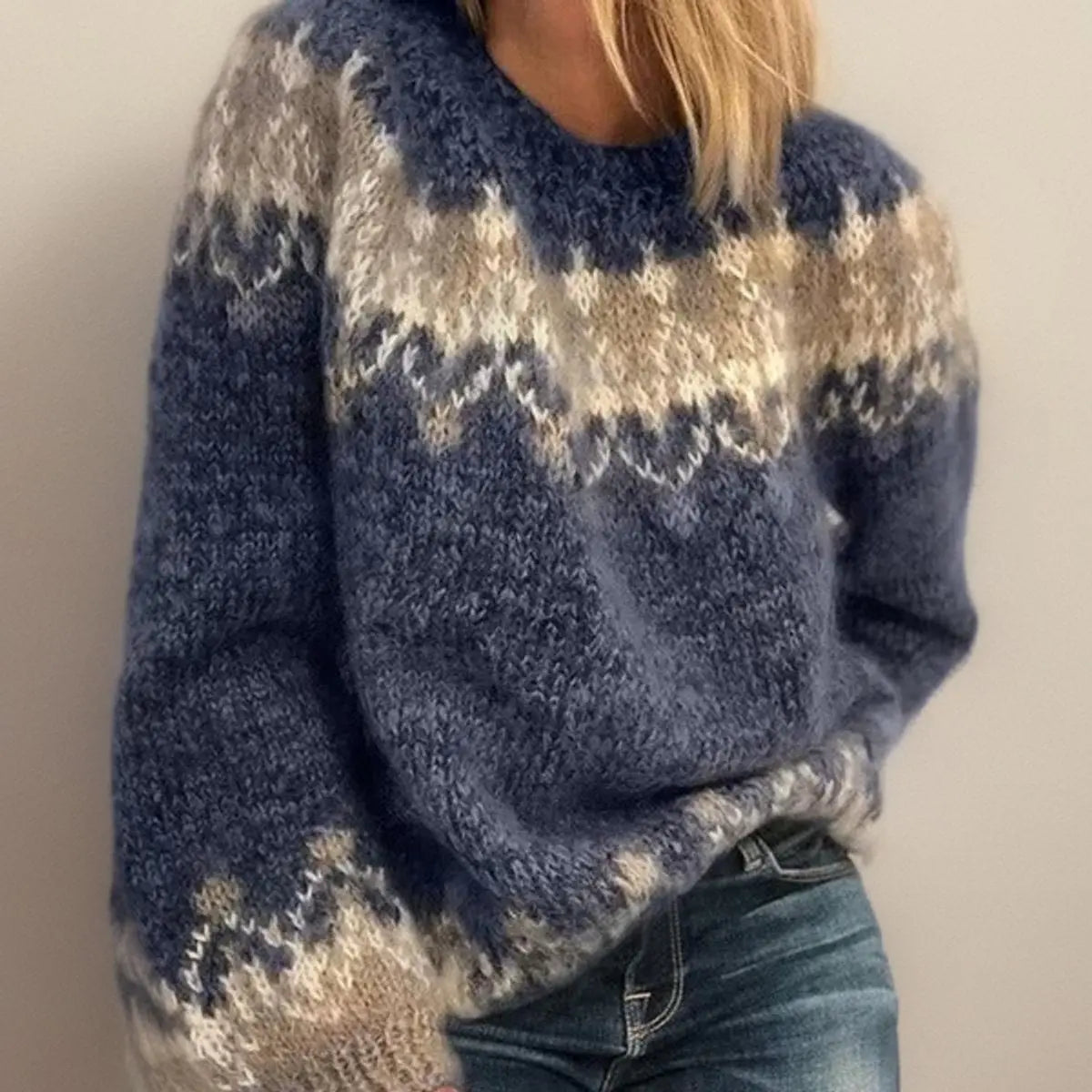Damski dzianinowy sweter żakardowy w stylu Fair Isle, przytulny nordycki model