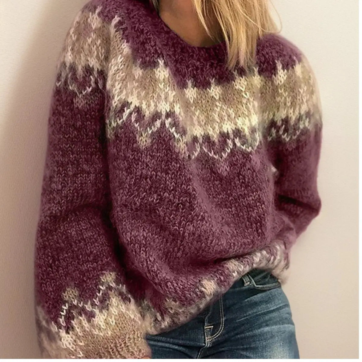 Damski dzianinowy sweter żakardowy w stylu Fair Isle, przytulny nordycki model