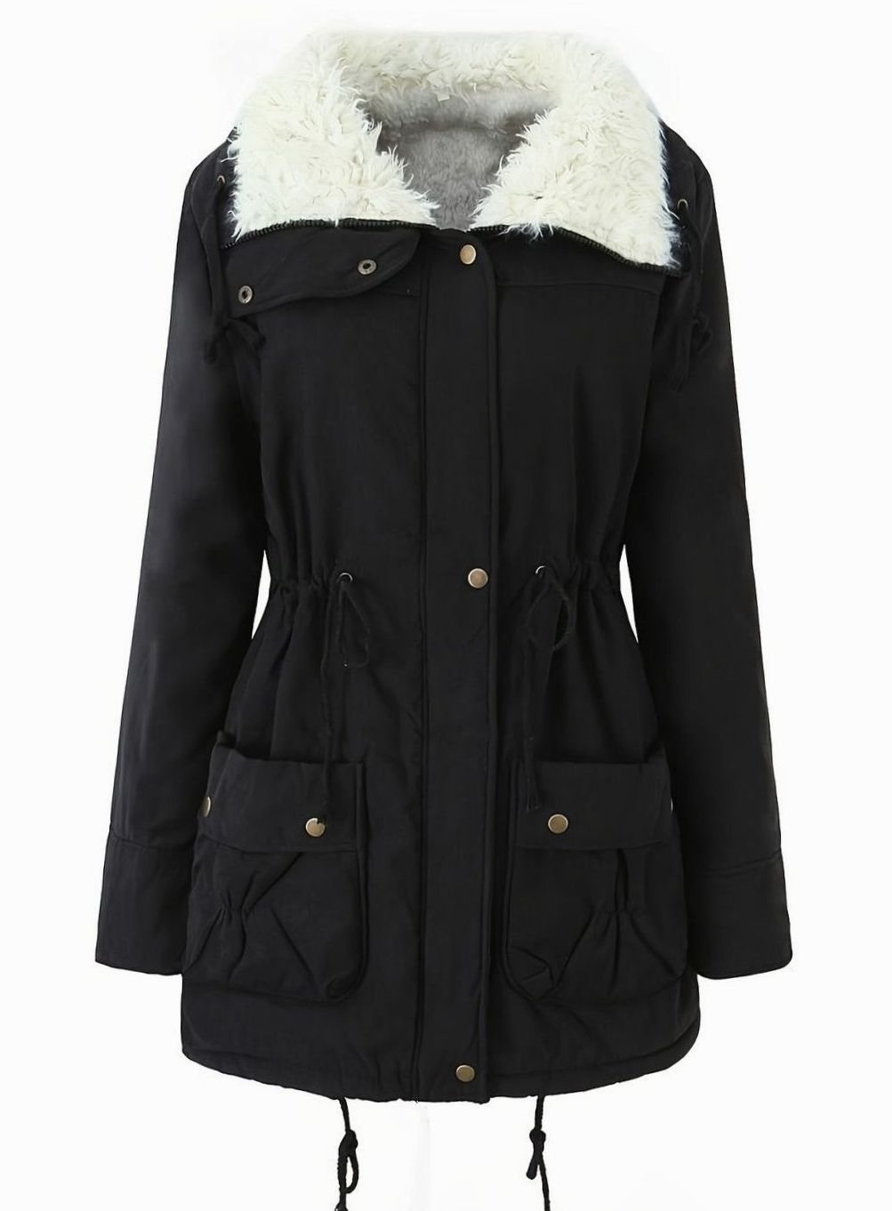 Damska zimowa parka z kołnierzem ze sztucznego futra i talią ściąganą sznurkiem