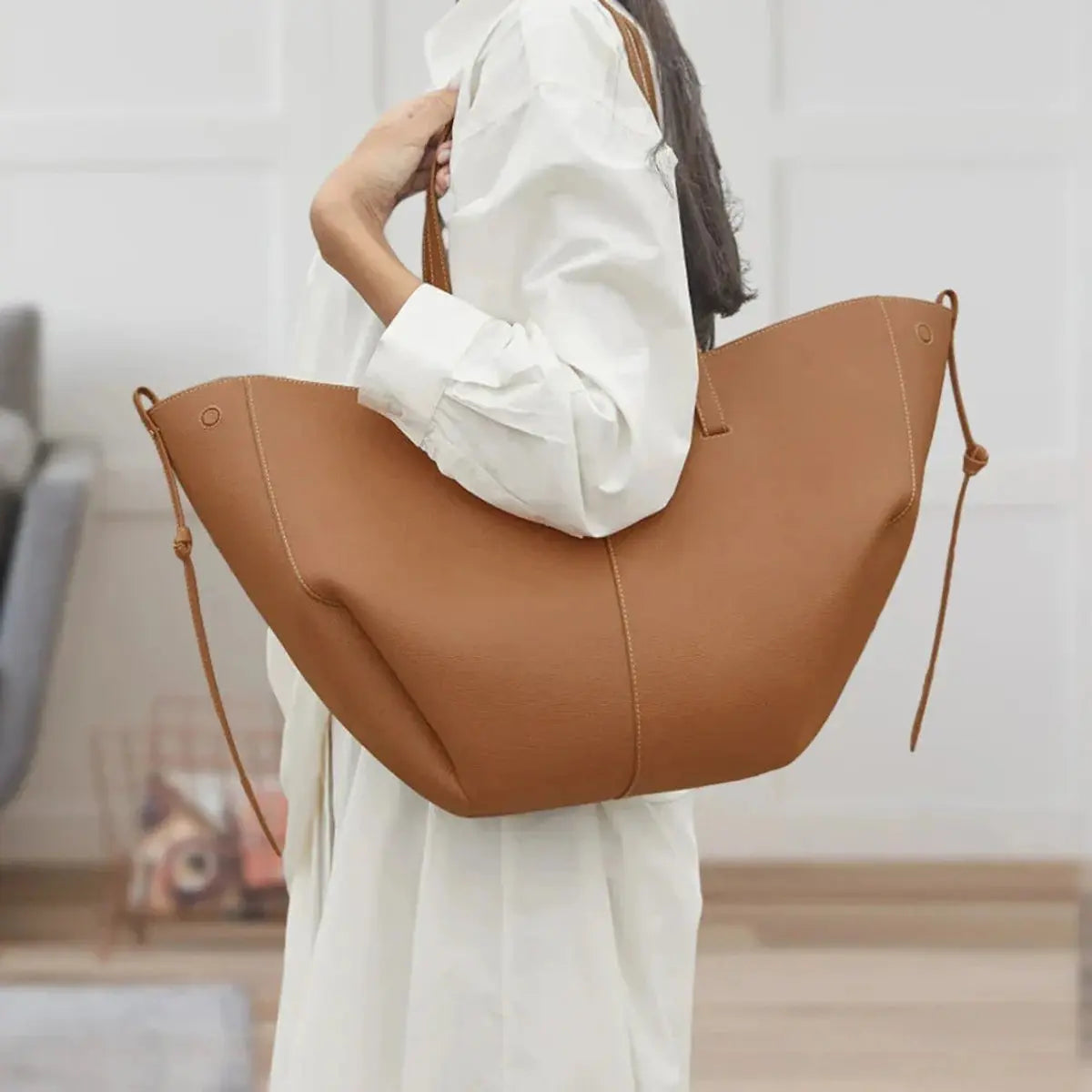 Damska duża skórzana torba typu shopper z imitacji skóry w stylu vintage, na ramię