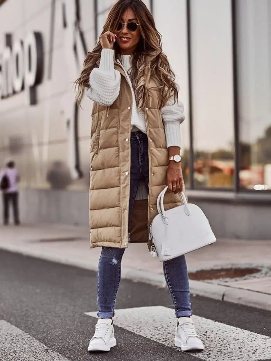Damska długa pikowana kamizelka puchowa z kapturem, bez rękawów, zimowa