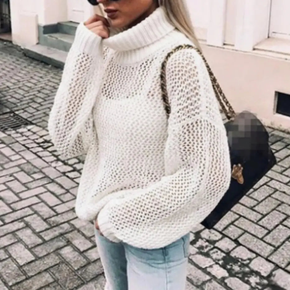 Damski oversize’owy gruby sweter z dzianiny z golfem i rękawami balonowymi