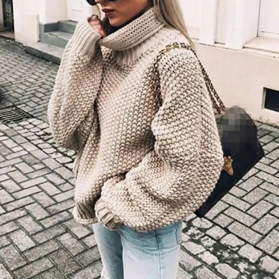 Damski oversize’owy gruby sweter z dzianiny z golfem i rękawami balonowymi