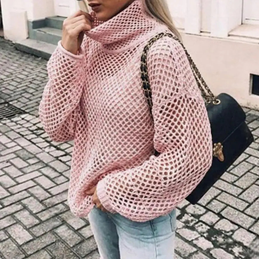 Damski oversize’owy gruby sweter z dzianiny z golfem i rękawami balonowymi