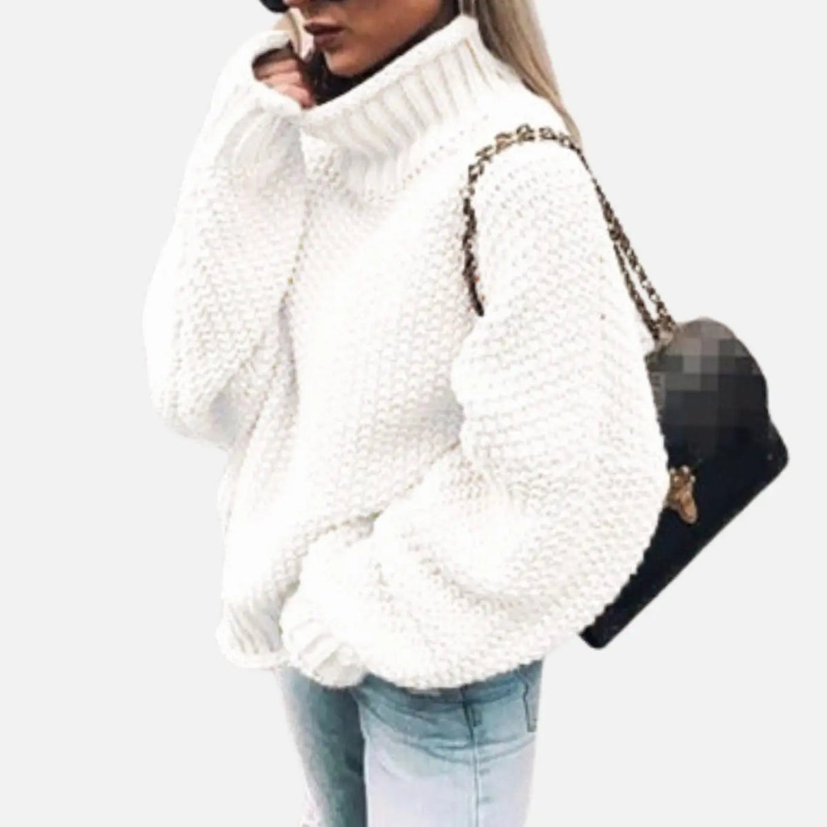 Damski oversize’owy gruby sweter z dzianiny z golfem