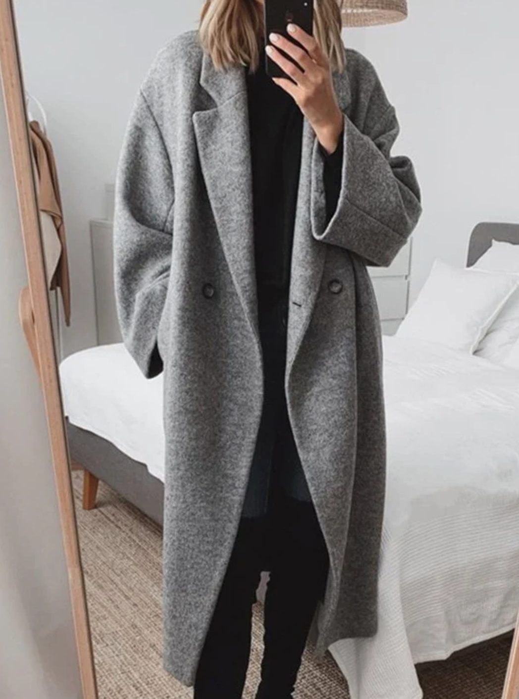 Damski oversize’owy długi płaszcz z domieszką wełny, dwurzędowy