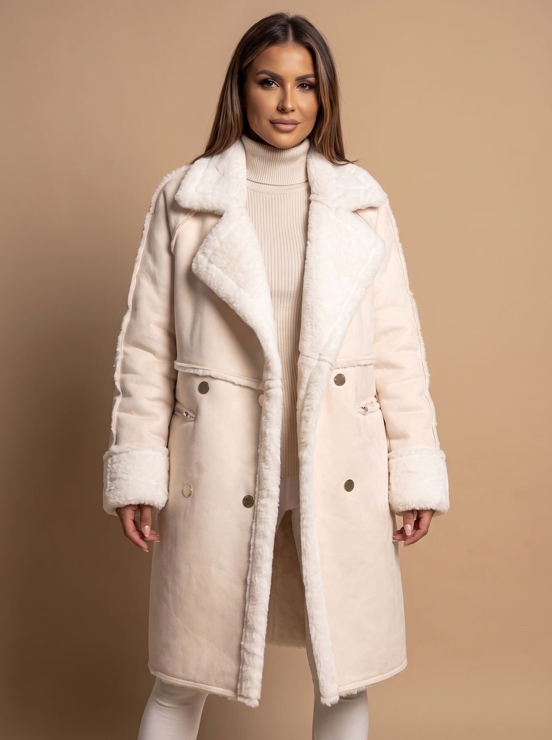 Ivy | Damski oversize’owy długi płaszcz ze sztucznego kożucha, dwurzędowy
