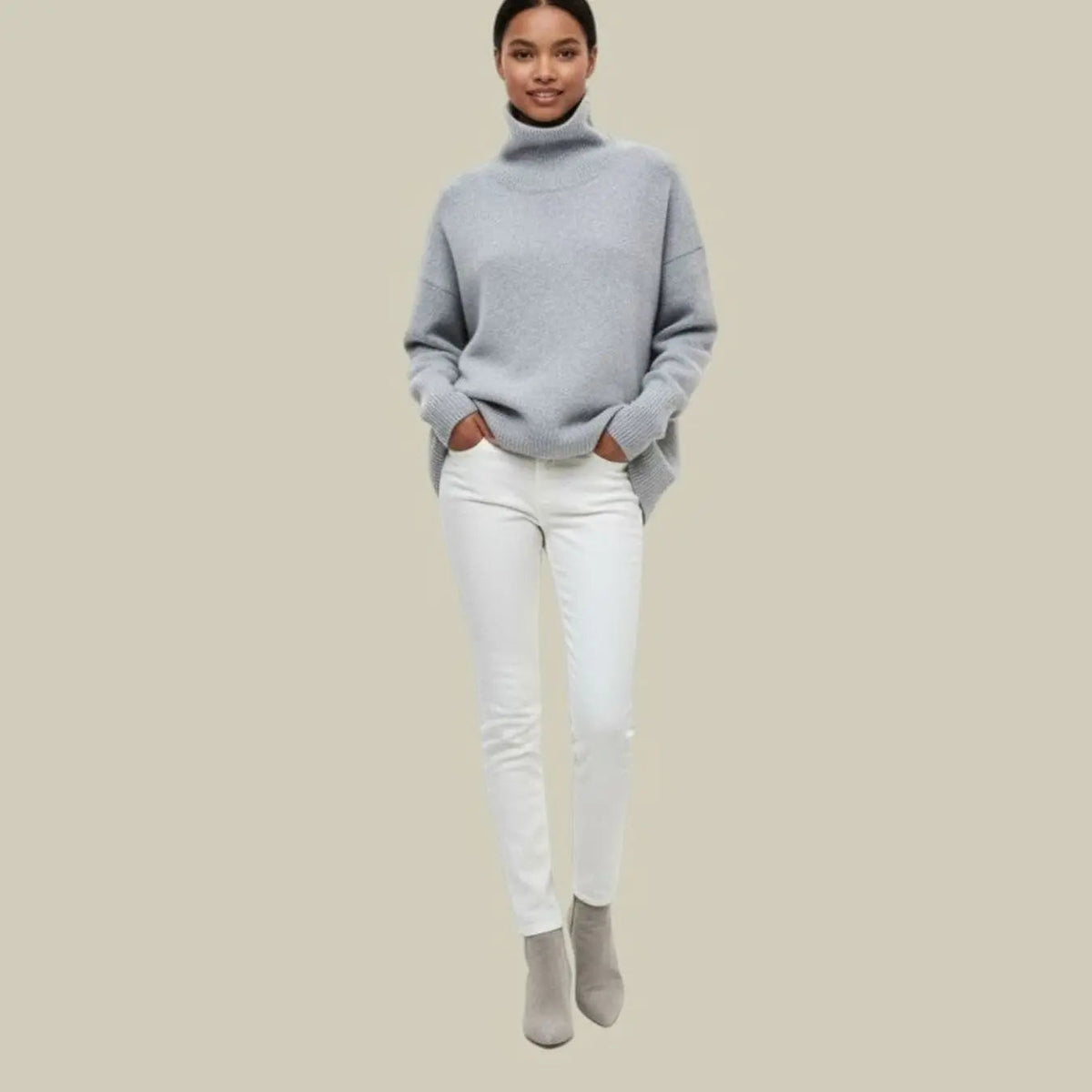 Damski oversize’owy luźny dzianinowy sweter zimowy z golfem