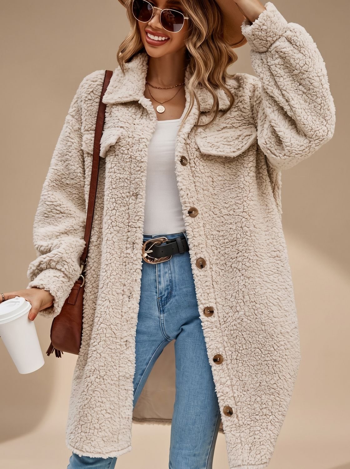 Willow | Damski oversize'owy płaszcz teddy z długim krojem, zapięciem na guziki i podszewką z kożuszka