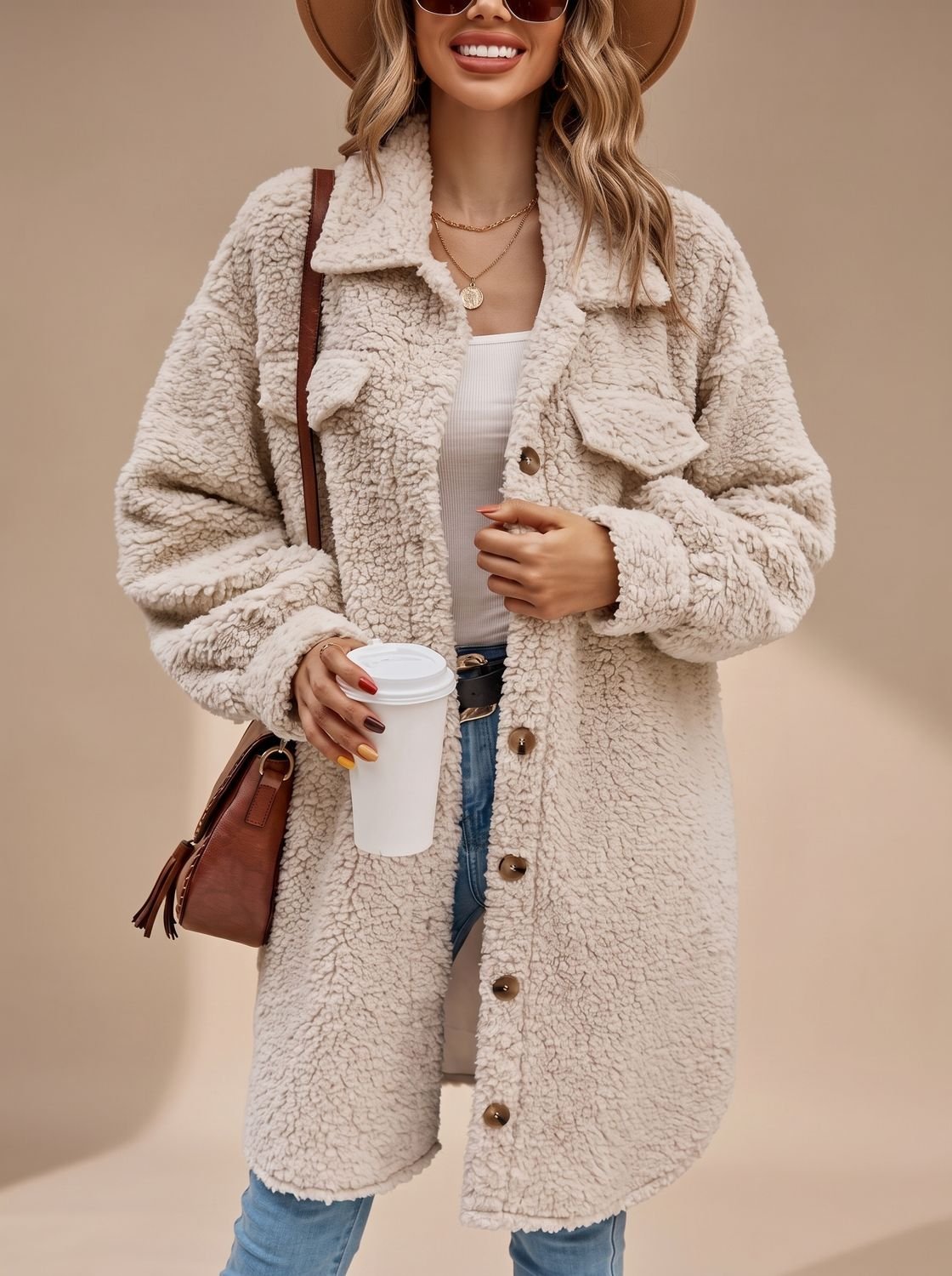 Willow | Damski oversize'owy płaszcz teddy z długim krojem, zapięciem na guziki i podszewką z kożuszka