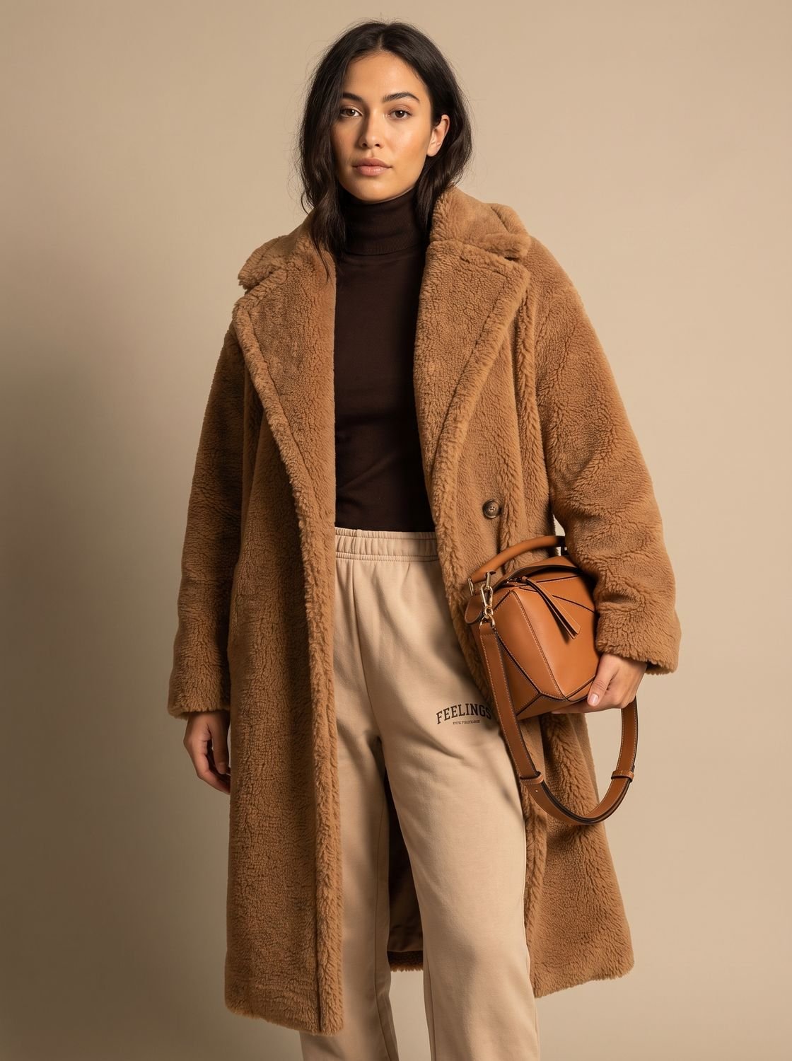Emily | Damski oversize'owy długi zimowy płaszcz ze sztucznego futra teddy