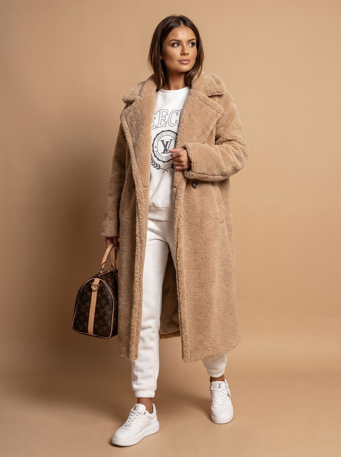 Emily | Damski oversize'owy długi zimowy płaszcz ze sztucznego futra teddy