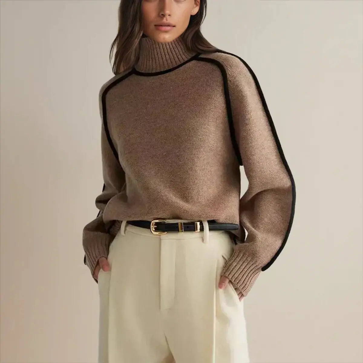 Damski oversize’owy dzianinowy sweter z golfem i kontrastowymi pasami