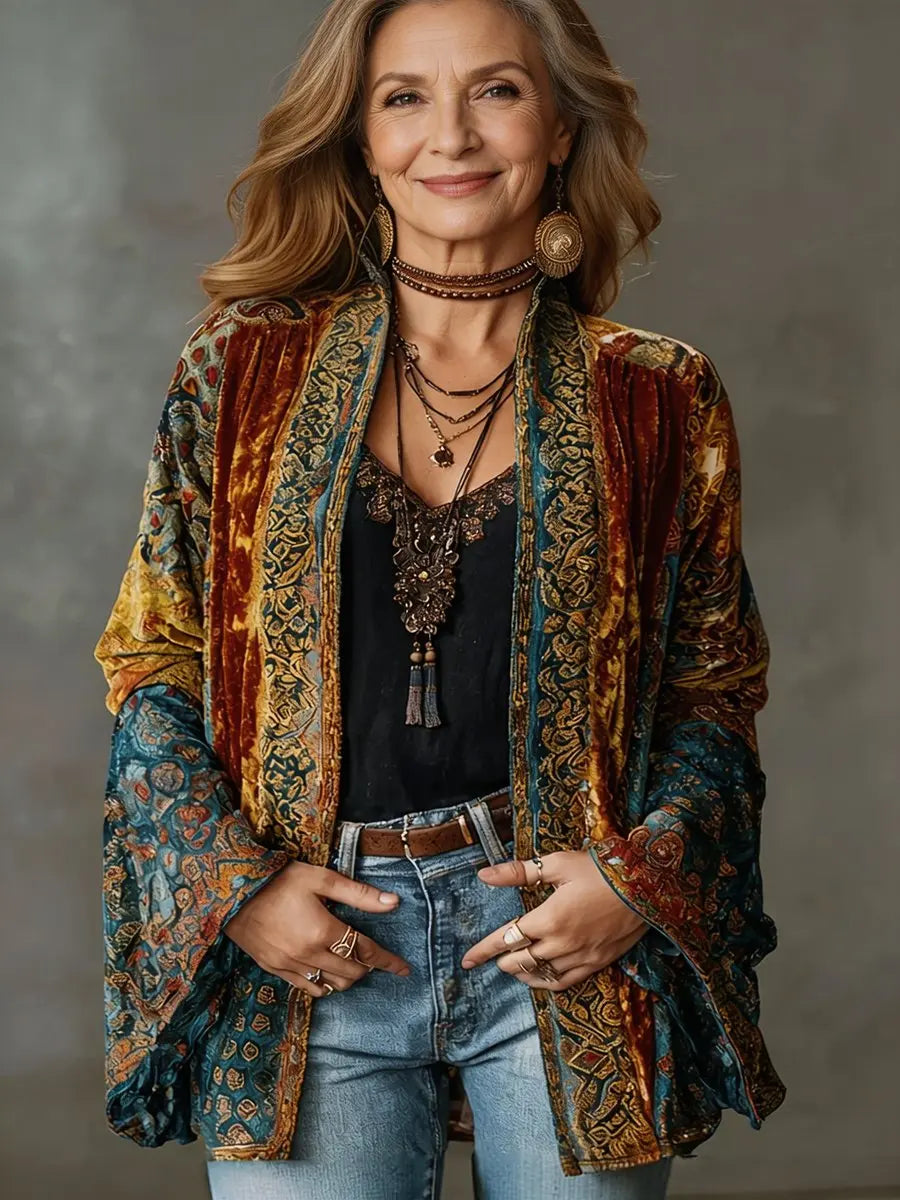 Damska pikowana długa odzież wierzchnia w stylu boho vintage, o kroju kimona