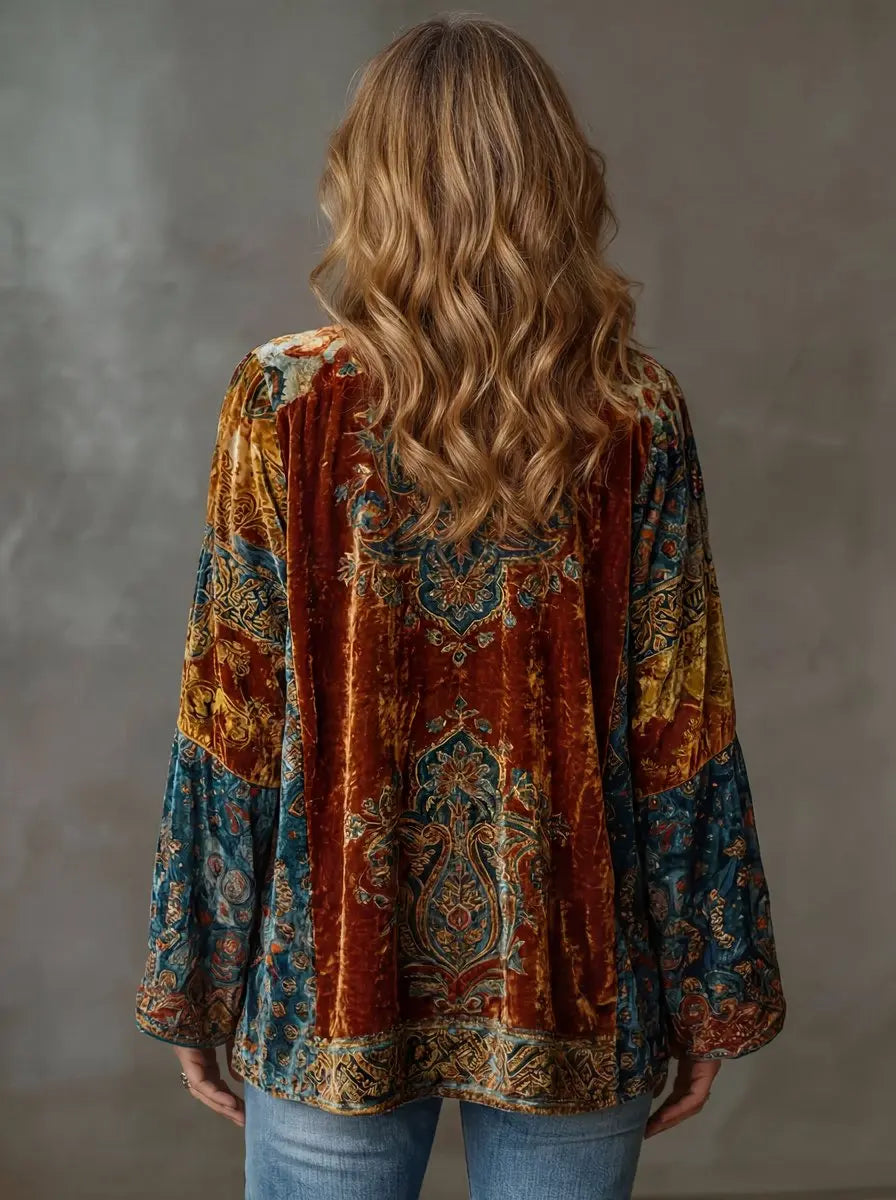 Damska pikowana długa odzież wierzchnia w stylu boho vintage, o kroju kimona