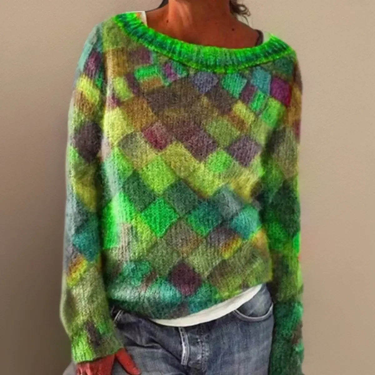 Damski sweter z dzianiny w romby argyle, o swobodnym kroju