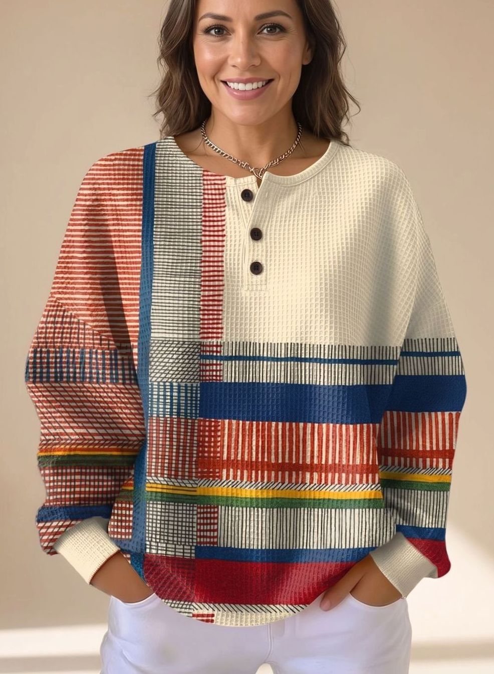Damski sweter henley o swobodnym kroju, z dzianiny wafelkowej i kontrastowymi panelami kolorystycznymi