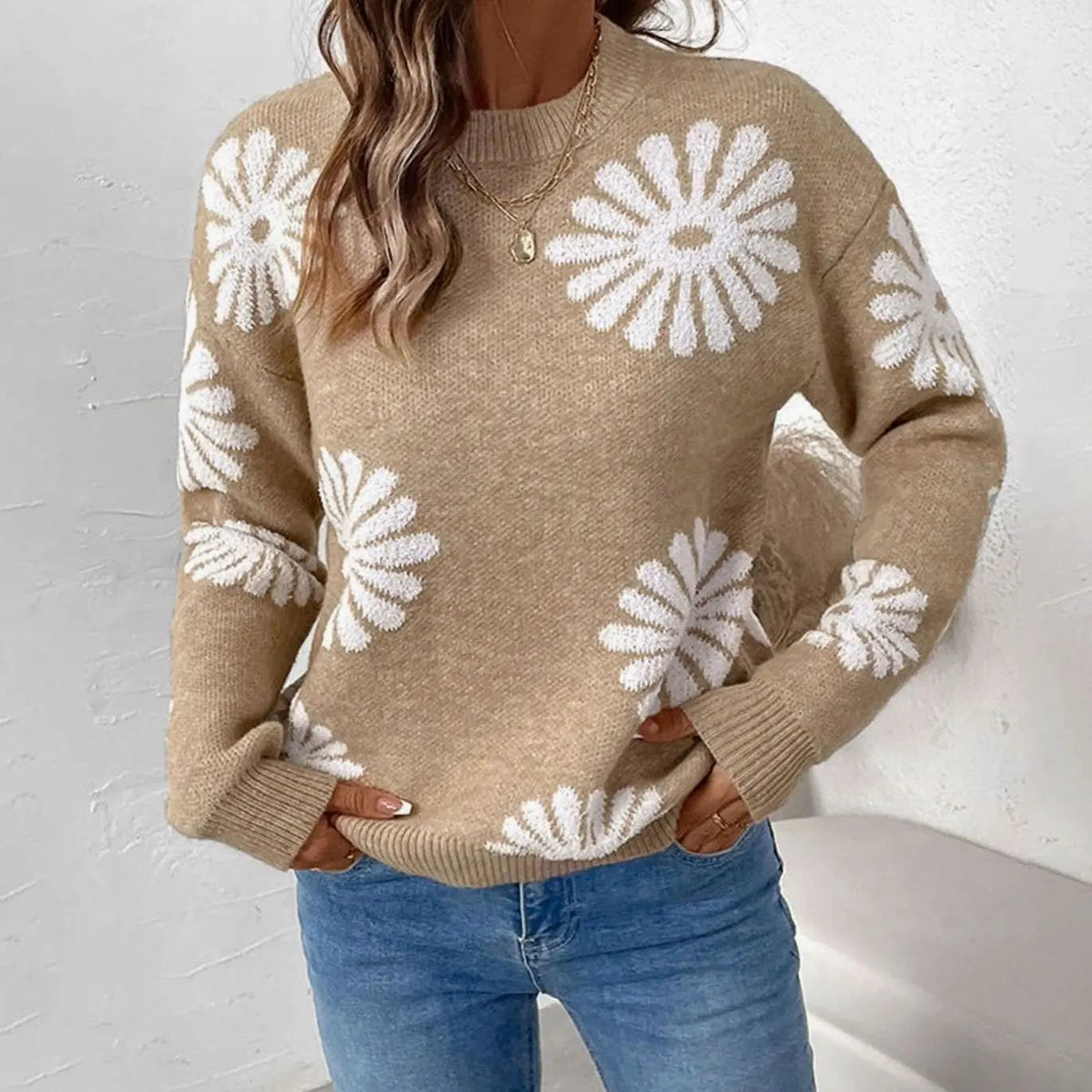 Damski sweter z dzianiny intarsjowej w kwiaty, o swobodnym kroju, z okrągłym dekoltem
